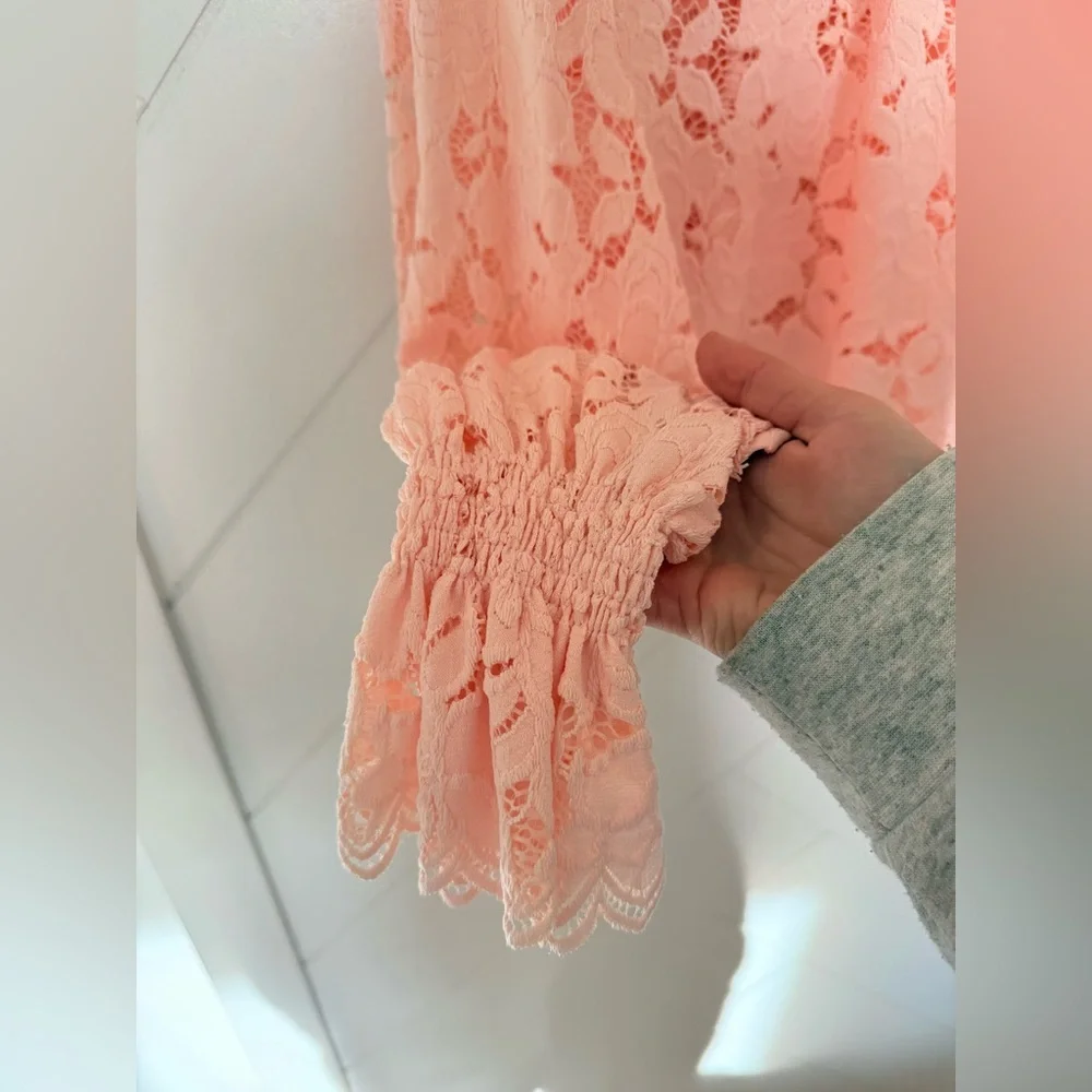 NWT Free People Olivia Lace Top blouse Edwardian sleeves Shirt XS powder pink